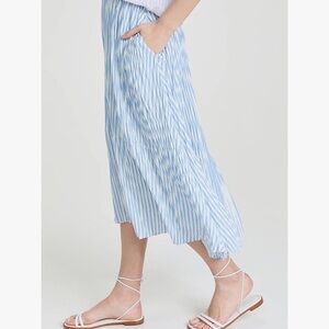 Vince Riviera Tiered Pleated Stripped Midi Skirt Medium Blue White High/low